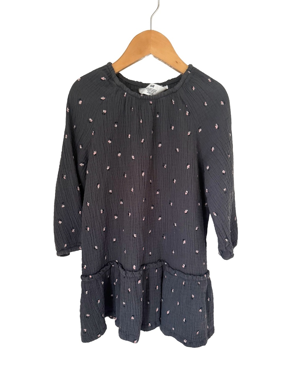 H&M Charcoal Grey Muslin Drop Waist Dress Floral Print